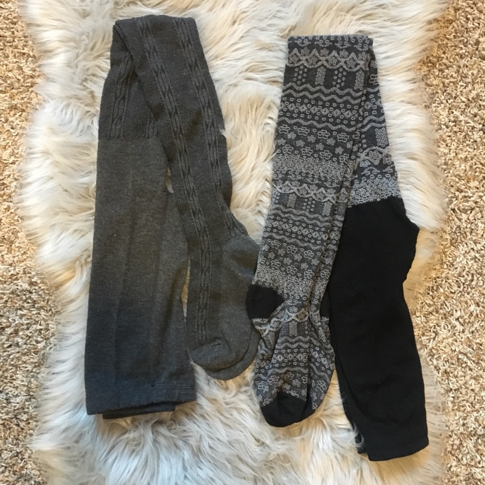 Two pairs of sweater tights, gray patterned print